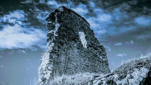 Low angle view of snow covered rock against sky