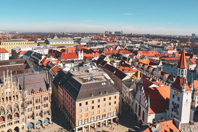 High angle shot of townscape against sky