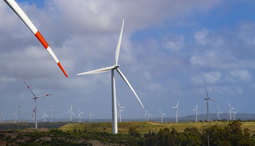 Wind turbines on field against sky