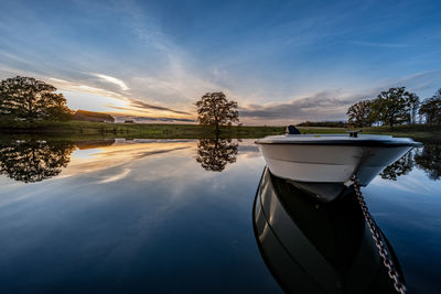 Reflective sunset over the lake