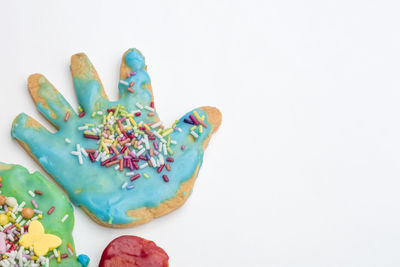 Close-up of cookies against white background