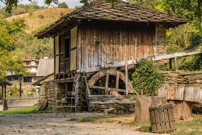 Old wooden house and tree in village