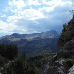 Scenic view of mountains against cloudy sky