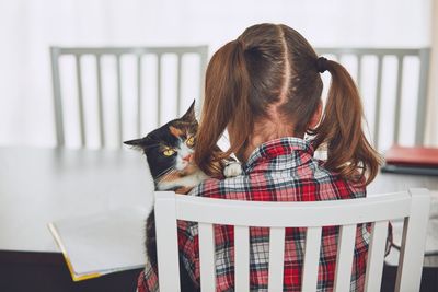 Rear view of girl with cat sitting on chair at home