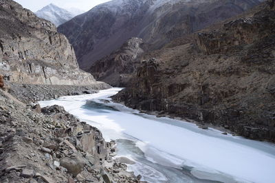 Idyllic shot of frozen zanskar river against rocky mountains