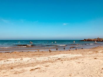 Scenic view of beach against blue sky