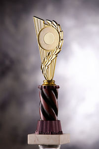 Champion golden trophy placed on gray background for winning concept.