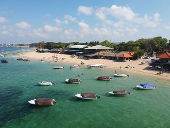 High angle view of boats moored in sea