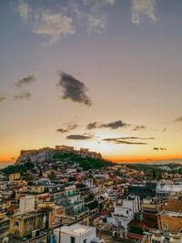 High angle view of townscape against sky during sunset