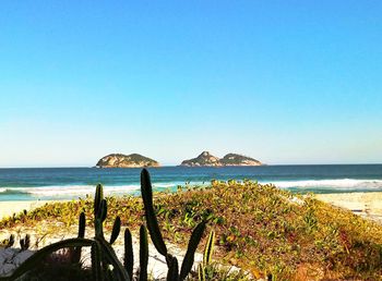 Scenic view of sea against clear blue sky