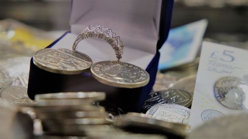 High angle view of coins on table