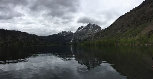 Scenic view of lake and mountains against sky