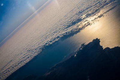 Aerial view of sea against sky during sunset