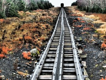 Railroad track amidst field during autumn