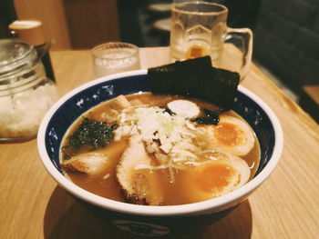 High angle view of soup in bowl on table