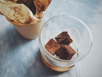 High angle view of dessert in glass on table