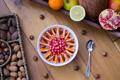 High angle view of breakfast on table