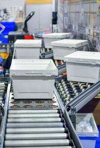 Close-up of books in factory