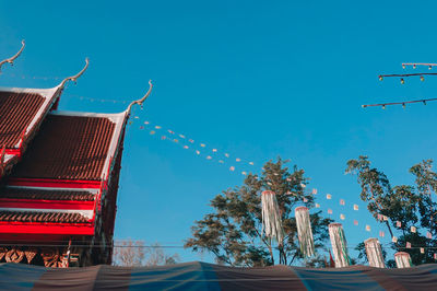 Low angle view of temple against clear blue sky