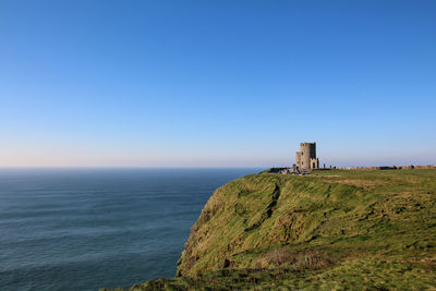 Scenic view of sea against clear blue sky