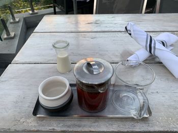 High angle view of coffee cups on table