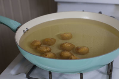 High angle view of soup in bowl on table