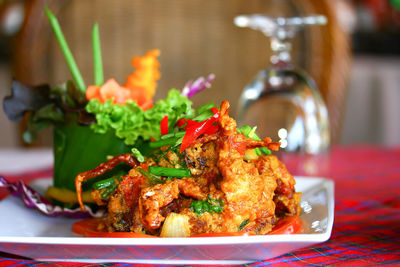 Close-up of served food in plate