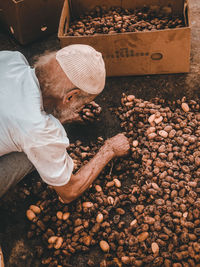 High angle view of farmer working in workshop