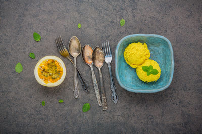 High angle view of food with cutleries on table