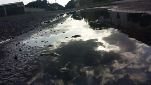 Reflection of buildings in puddle