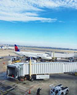 High angle view of airport runway against sky