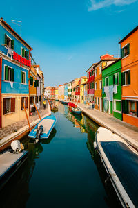 Canal with boats and characteristic colorful houses of burano with tourists