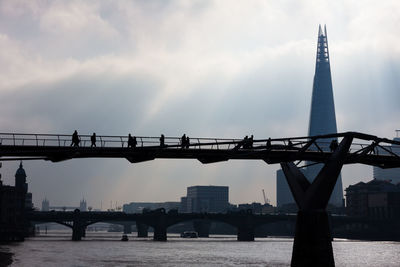 Bridge over river with city in background