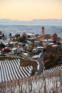 High angle view of snow covered landscape