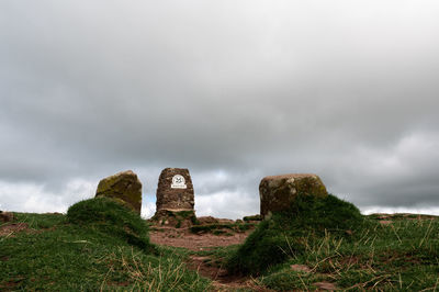 Old ruin building on field against sky