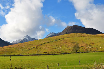 Scenic view of field and mountains against sky