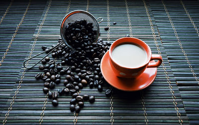 High angle view of coffee cup on table