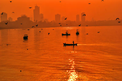 Silhouette birds on sea against orange sky