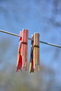 Close-up of clothespins hanging on rope