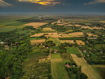 High angle view of townscape against sky during sunset