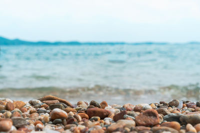 Surface level of stones on beach against sky