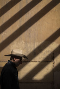 Rear view of woman standing on wooden wall