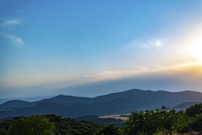Scenic view of mountains against sky during sunset