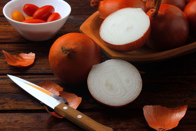 High angle view of fruits in bowl on table