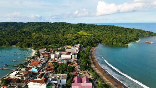 Beautiful aerial view, panoramic beach in pangandaran, west java - indonesia.