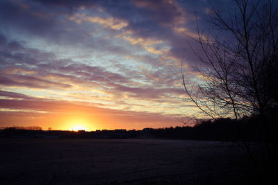 Silhouette bare trees on landscape against sky during sunset