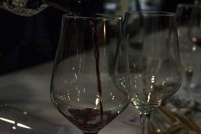 Close-up of wine glass bottles on table
