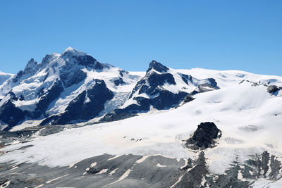 Scenic view of snowcapped mountains against clear blue sky