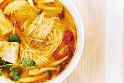 High angle view of soup in bowl on table