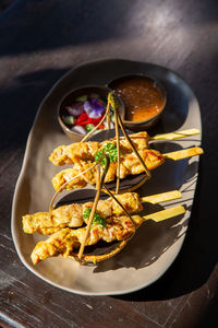High angle view of food served on table